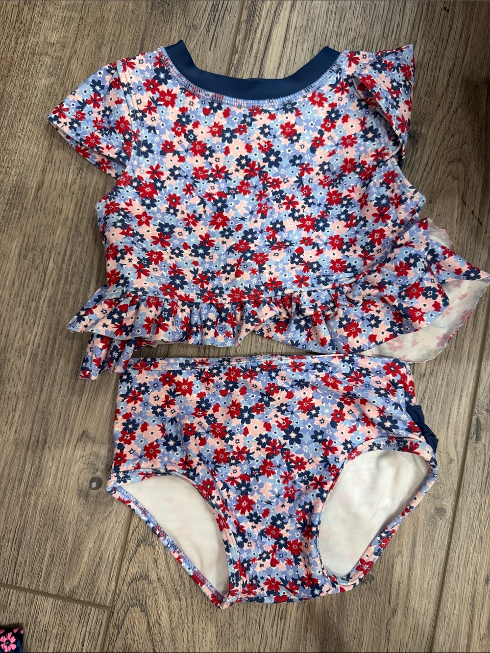 Ruffle Butts Girls Two-Piece Floral Swim Set - Red, Blue & Pink